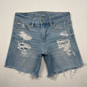 American Eagle Midi Jean Shorts Women's 2 Light Blue Denim Stretch Raw EUC